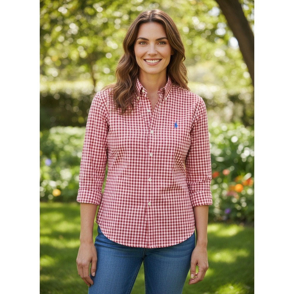 Ralph Lauren Womens L Red White Gingham Check Button Down Shirt Excellent